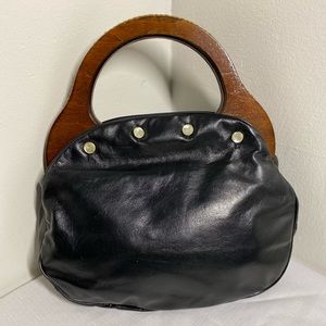 70s-80s Vintage Genuine Leather Handbag w Wooden Handle